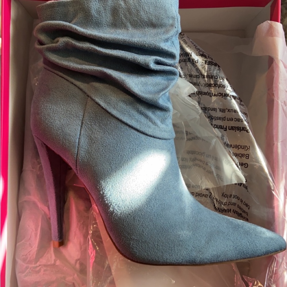 Light Blue Ruched Suede Booties - Picture 2 of 2